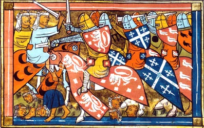 Ms FR 22495 f.265v Schlacht von Damiette in Ägypten 1218-1219, während des fünften Kreuzzugs (1217-1221) aus Historia von Guillaume de Tyr, 1337